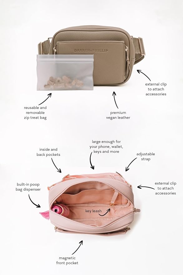 Darren & Phillip Crossbody Dog Walking Bag or Fanny Pack with Built-In Dog Poop Bag Holder, Removable Dog Treat Pouch & Adjustable Strap – Stylish Dog Mom Gift for Walks & Everyday Use - Rose
