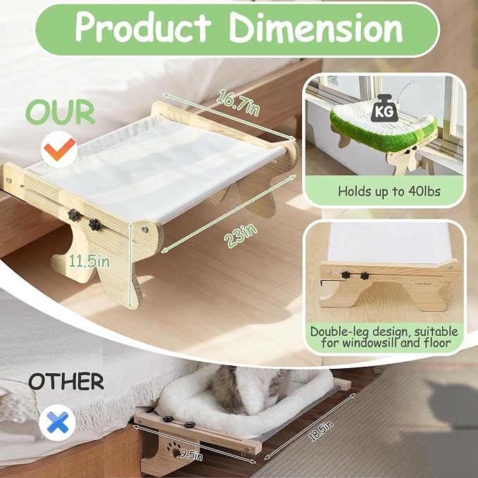 Wooden Cat Window Perch Bed, White and Green | Sturdy Wooden Frame, Removable Washable Cover, Window Sill Hanging, All Seasons Comfort