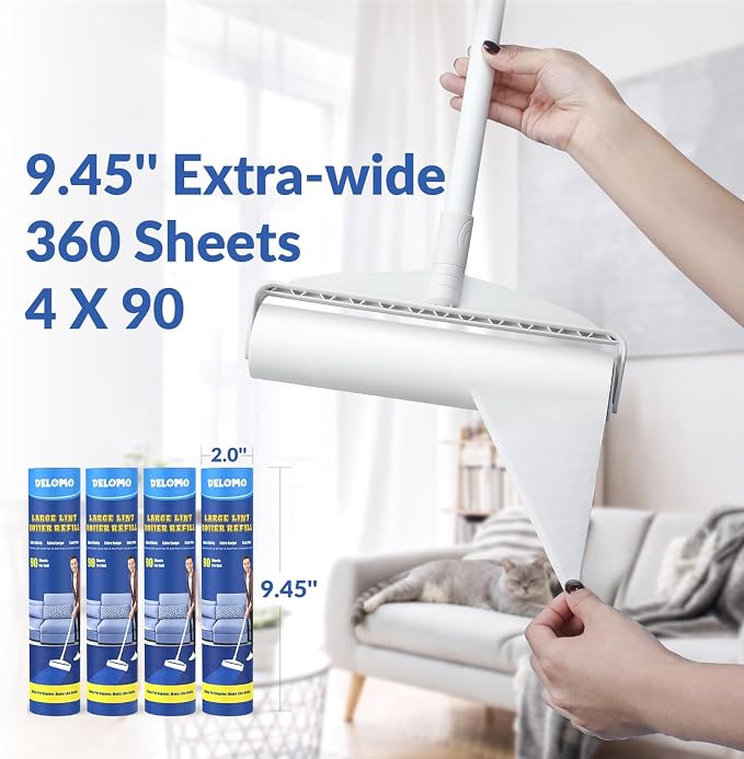 DELOMO 9.45” Large Lint Roller Refills, 2 Packs, 180 Extra Sticky Sheets | Sticky Roller Refills, Easy Tear Sheets, Compatible Only with DELOMO 9.45” Lint Roller, Floors, Carpets, Couches, Pet Hair