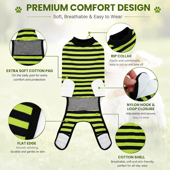 2 Packs Breathable Cotton Dog Recovery Suit for After Neuter Spay Abdominal Wounds Protector, Professional Anti-Licking Onesies for Male Female Pets Surgery Bandages, L Blue & Green Stripes