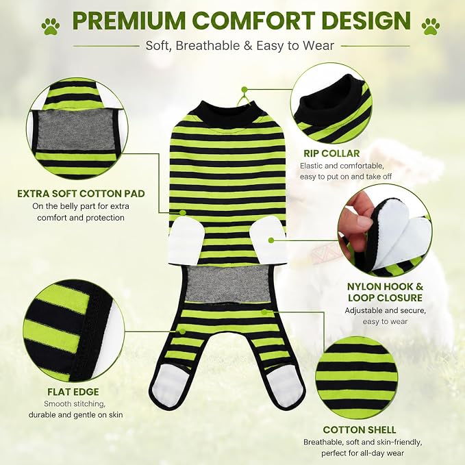 2 Packs Breathable Cotton Dog Recovery Suit for After Neuter Spay Abdominal Wounds Protector, Professional Anti-Licking Onesies for Male Female Pets Surgery Bandages, 2XL Blue & Green Stripes