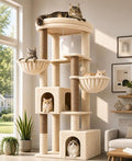 Globlazer C64 Heavy Duty Corner Cat Tree, 64in Large Cat Tower, Beige | Easy Setup, Maine Coon, Extra-Large Top Perch, 2 Condos, 2 Hanging Baskets, 4 Sisal Scratching Posts, Anti-Topple Strap