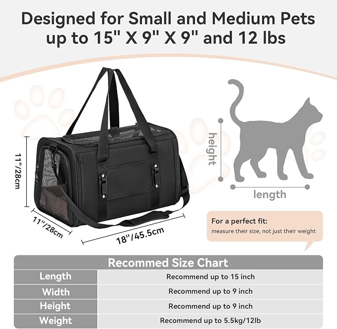 PETSFIT Cat Carrier Soft with Patented Safety Buckles, Safe for Car Travel | Lockable Zippers, Safety Tether, Escape-Resistant Pet Carrier for Vet Visits, Airline Approved Under-Seat, Up to 12 lbs