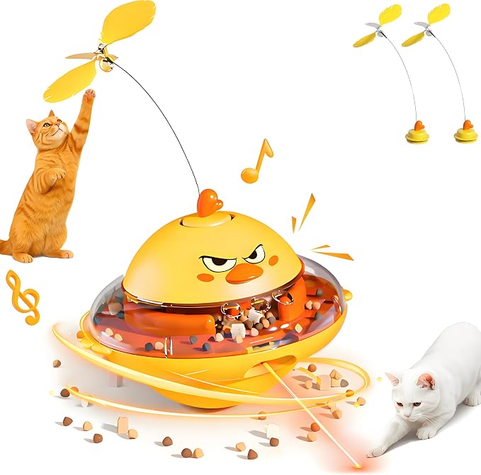 hooroor Cat Toy w/Interactive Laser, Spinning Feather & Butterfly Wand | Motion-activated Chirping, Treat Dispenser, 360° Wobbling Base,Auto-off, Non-toxic ABS Toys for Bored Indoor Cats & Kitten