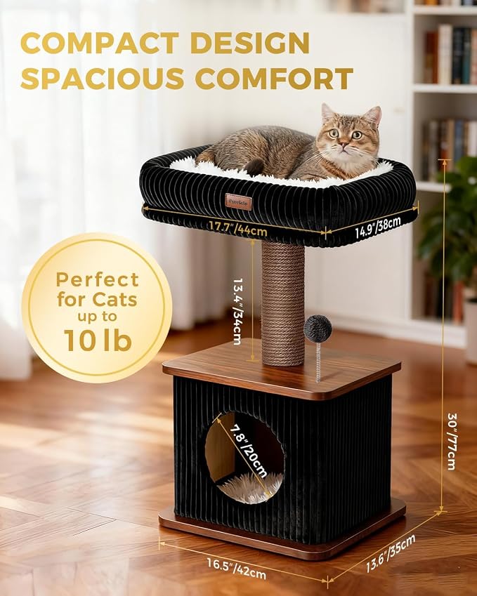Nordic Loft Cat Tree, Compact 30" Walnut Wood Tower for Kittens | Walnut Wood Finish, Soft Padded Perch, Sisal Scratching Post, Cozy Hideaway Condo, Floor-Mounted Stable Base, Indoor Use