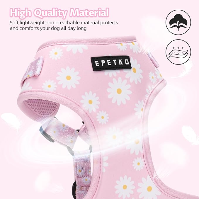 Small Dog Harness and Leash Set of 6, No Pull Soft Lightweight Mesh Puppy Harness， Adjustable Cute Floral Pattern Pet Harness for Small Medium Dogs (Pink Flowers, S)