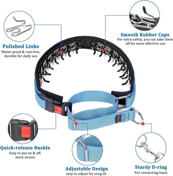 Mayerzon No Pull Dog Collar Martingale, Blue, M | Neck Cir 14.5"-18.5" | For Small Medium Large Dogs, Buckle, Heavy Duty Nylon, For Walking Training Hunting, Adjustable, Safe & Easy to Use, Patented