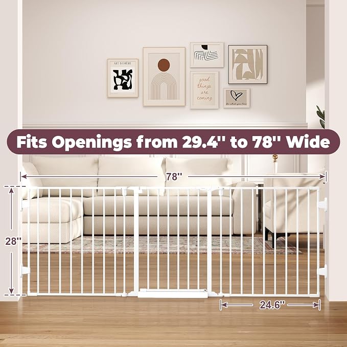 29.4-78" Extra Wide Baby Gate, Long Dog Gates Indoor for Stairs | Essential Large Gate for Child Toddler with Anti-Trip Pedal, Adjustable Pet Gate for Doorways, 28" Tall 3 Metal Panels White