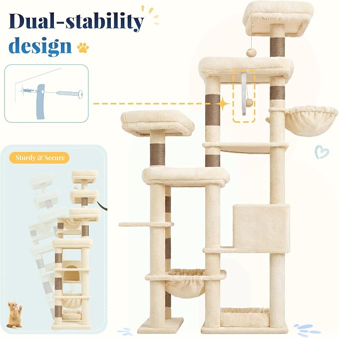 Hey-brother Cat Tree Tower, Wide Base, 5 Platforms for Multi-Cats, MPJ074MJ | 72.8 Inches Tall Furniture, 5 Plush Beds, Large Condo, Big Hammocks, Sisal Scratching Posts, for Indoor Adult Cat Beige Brown