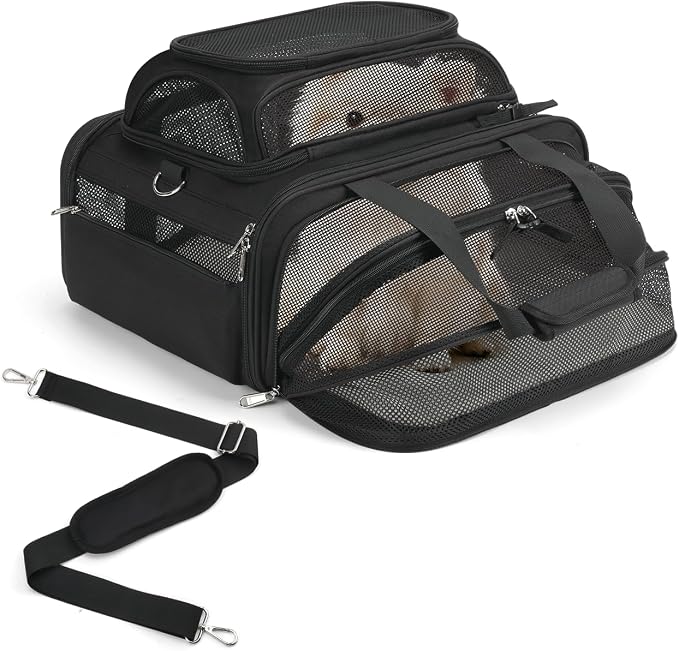 pidipiti 18x14x8 Soft-Sided pet Carrier,for 1 Extra-Small Dog/Medium cat | top and 1 side Expandable,TSA Approved,for Airlines only Have 8'' Height Space underseat,with zipper lock,good Visibility