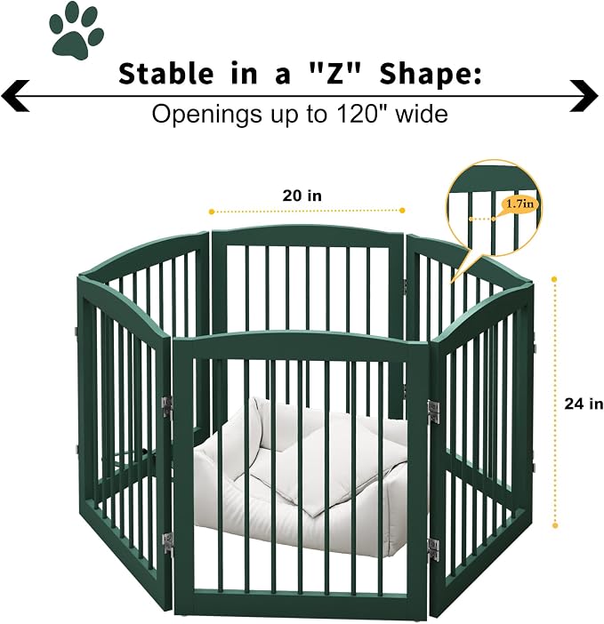 PUPETPO Freestanding Pet Gate for Dogs, Foldable Wooden Dog Gate for House, Extra Wide Indoor Pet Barrier for Stair, Doorway, Hall, Support Feet Included, 120 Inch Wide, 6 Panels 24",Green