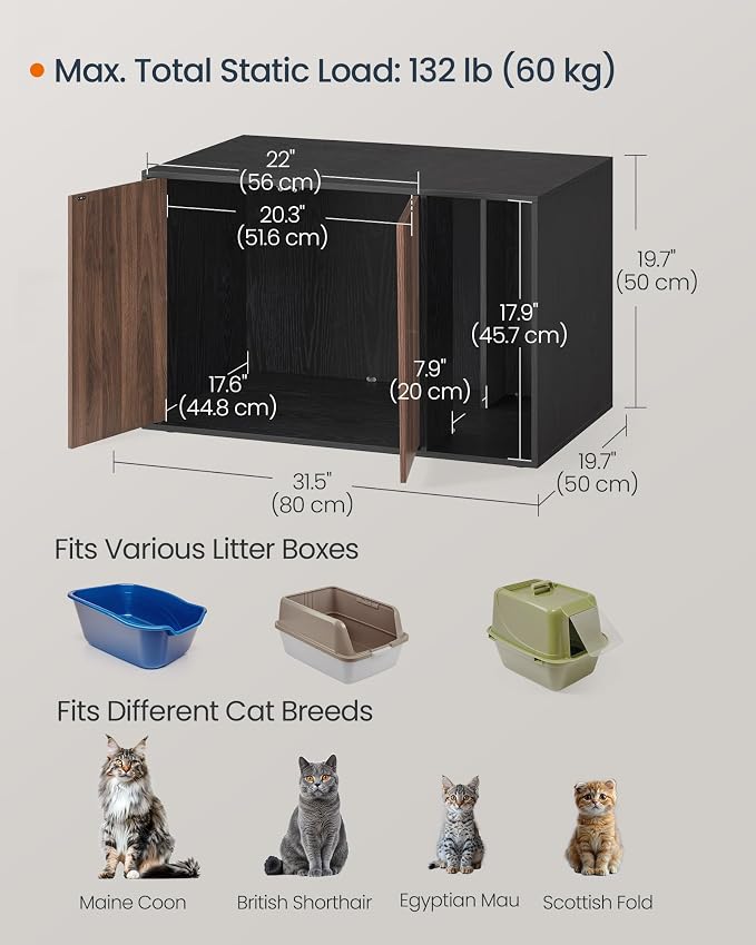 SONGMICS HOME Cat Litter Box Enclosure, Snapsemble Superfast Assembly, Litter Box Furniture for Large Cats, Display Side Table, Push-to-Open Doors, Ebony Black and Somber Walnut UPCL013BE01S