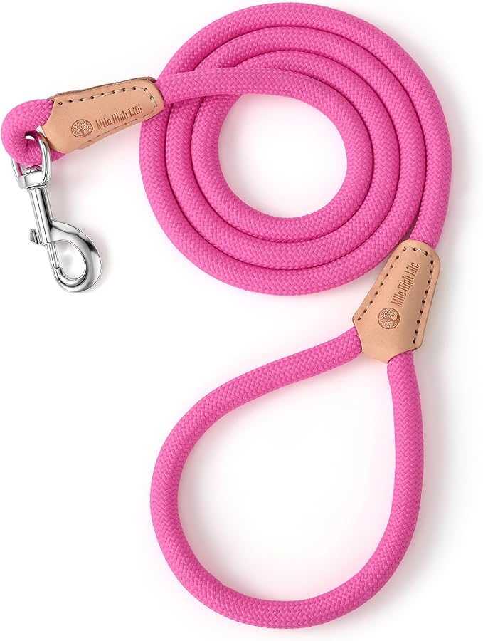 Mile High Life Dog Leash with Genuine Leather Connection, 4/5/6 FT | Rope Leash, Heavy Duty 360° Swivel Metal Clasp, for Small Medium & Large Dogs (Bright Pink, 60 Inch)