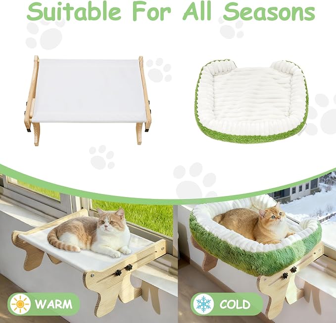 Wooden Cat Window Perch Bed, White and Green | Sturdy Wooden Frame, Removable Washable Cover, Window Sill Hanging, All Seasons Comfort