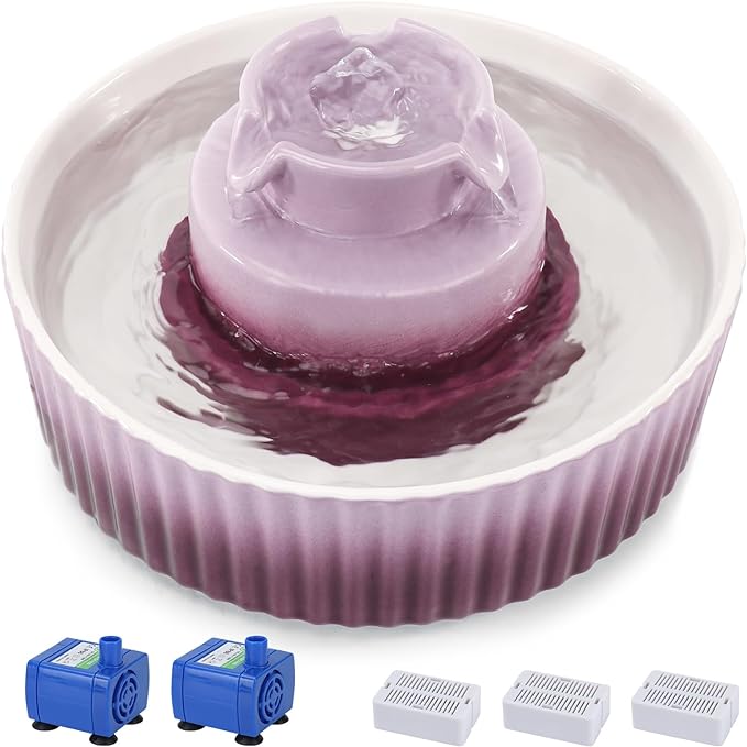 Lawfery Ceramic Cat Water Fountain, 2.1L/71oz Cupcake Pet Fountain | 3 Carbon Filters, 2 Quiet Pumps, Heavy Ceramic Body, and 360° Drinking Area, Drinking Bowl for Indoor Cats and Small Dogs