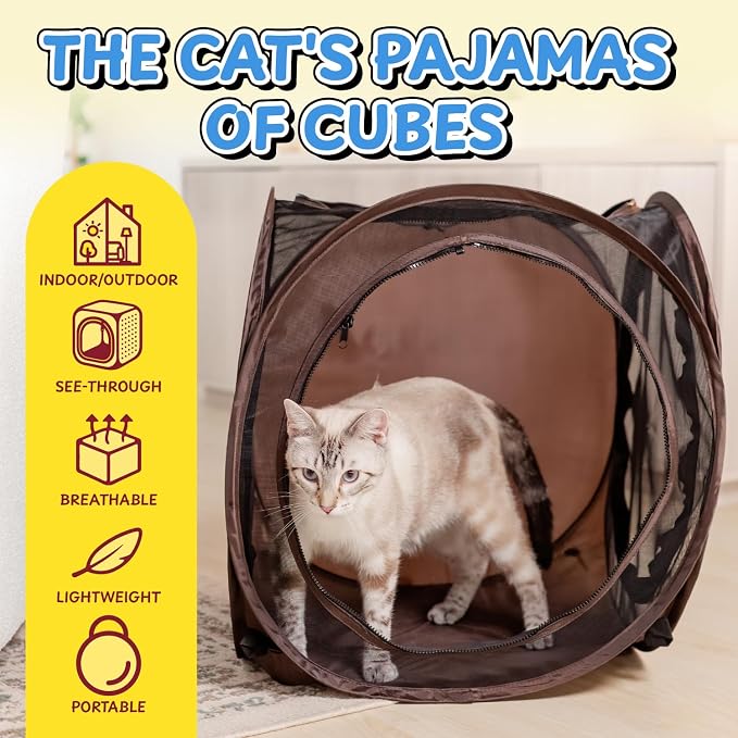 Pop Up Cat Tent Cube 24x22x20” – Indoor/Outdoor Cat Play Tent with Mesh Sides & 14” Entry – Connects to Cat Tunnel – Foldable Cat House + Bonus Snarky Cat™ Digital Sticker & GIF Pack