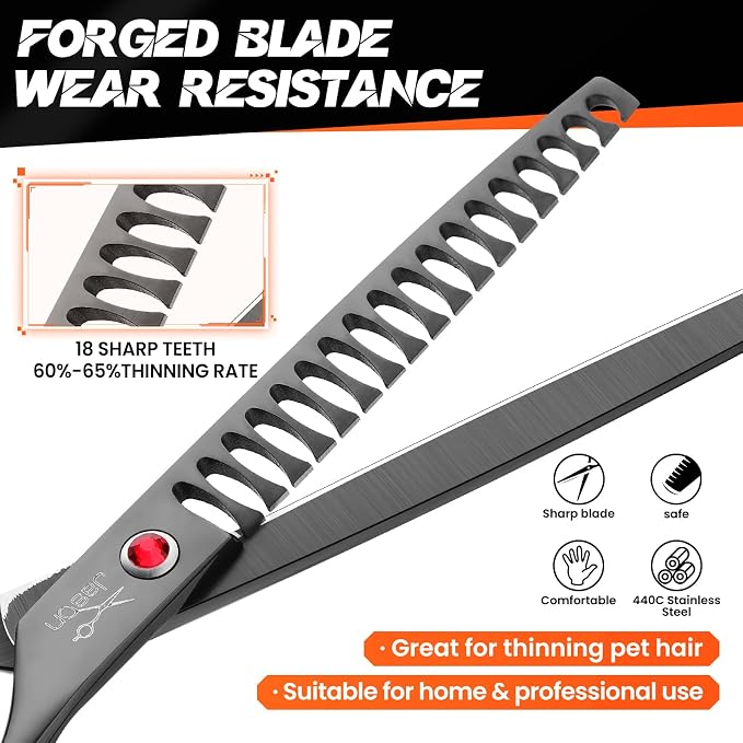 JASON Dog Grooming Chunker Scissors - 7" Professional Thinning Shears Black | 18 Teeth Japanese Stainless Steel Hair Scissor for Dogs, Cats and Other Pets, Gift