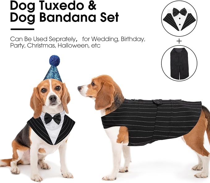 Kuoser Dog Tuxedo, Dog Suit and Bandana Set, Dogs Costume with D-Ring | Formal Dog Outfit with Detachable Bowtie Collar for Wedding, Birthday, Party, Christmas, Halloween, Black Strips L