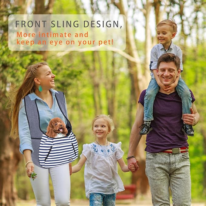 NATUYA Dog Sling Carrier Puppy Carrier, Adjustable Pet Front Sling Carrier Travel Bag with Bottom Pad, Pet Carrier for Small Dog Cat Puppy Traveling Hiking Camping (Bule Strip, 8-15 lb)