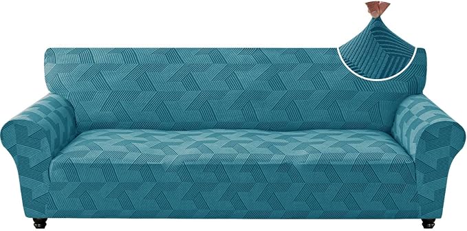 ZNSAYOTX Stretch Oversized Couch Covers for 3 Cushion Couch, 1-Piece Extra Large Sofa Cover Slipcover, Furniture Protector with Elastic Bottom Geometrical Jacquard Fabric (X-Large, Peacock Blue)