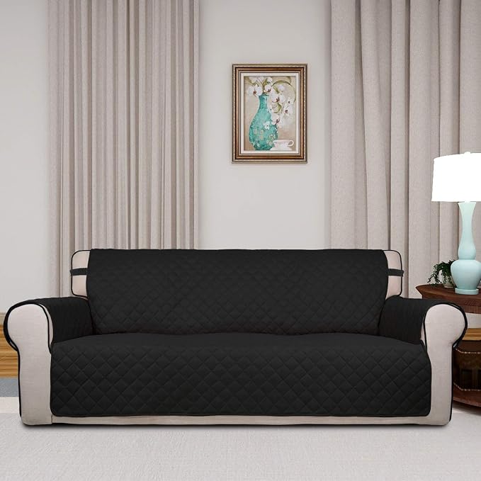 PureFit Reversible Quilted Couch Covers for Dogs Oversized Sofa Cover 78” | Black/Beige, Water Resistant Couch Protector, Washable Pet Couch Cover with Non Slip and Elastic Straps For Kids