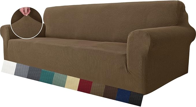 MAXIJIN Super Stretch Couch Cover for 3 Cushion Couch, 1-Piece Universal Sofa Covers Living Room Jacquard Spandex Furniture Protector Dogs Pet Friendly Fitted (Extra Large, Brown)