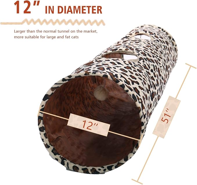 PAWZ Road XL Collapsible Cat Tunnel for Fat Cats & Rabbits - 51"x12" Extra Wide Pet Play Tunnel with 12-Inch Diameter for Large Cats, Small Dogs