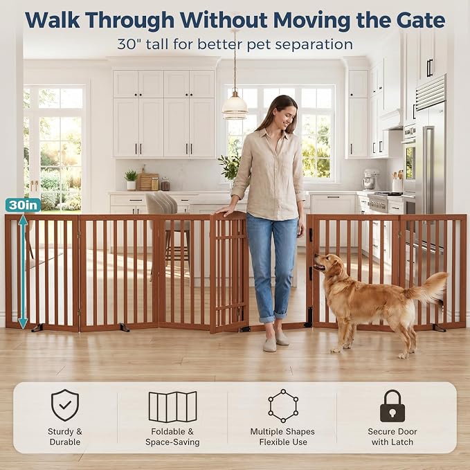 Homykic Dog Gate Indoor, 142" W x 30" H Extra Wide Foldable Bamboo Pet Gate with Door, No Assembly Freestanding Dog Fence with 2 Support Feet & 360°Hinges for Doorways Hallways (Walnut, 6 Panels)