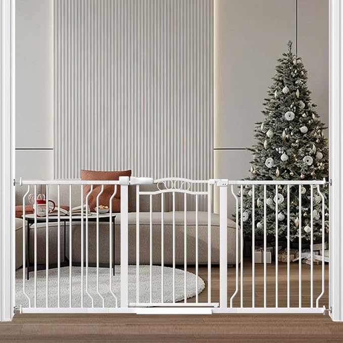 Fairy Baby 62.5"-71.6" Extra Wide Baby Gate for Doorways, Large Long Dog Gate for the House, No Drill Baby Gate for Stairs, Pressure Mounted Toddler Safety Child Gate Auto Close Pet Gate Indoor, White