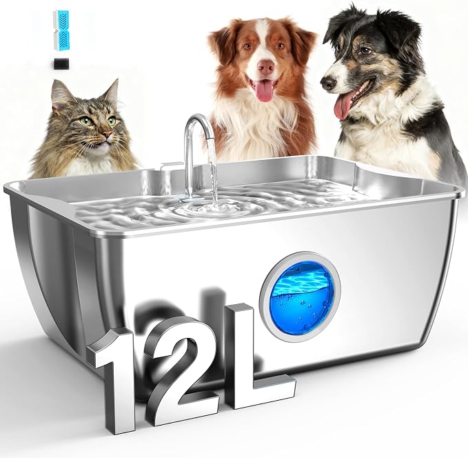 HINTON Stainless Steel Dog Water Fountain for Large Dogs, 12L, 1 Filter | Viewing Window, LED Water Level Indicator, Super Quiet Pump, Easy to Clean, BPA-Free