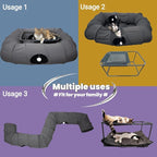 XxingSheep 2-Tier Cat Tunnel & Hammock Bed XXL, 4 Cave Shuttle with Elevated for Multiple Cats Toy Dark Grey