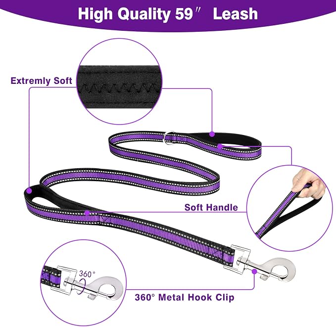 WINSEE Pet Harness Collar and Leash Set, All-in-one Reflective Dog Harness No Pull with Adjustable Buckles for Puppies, Small, Medium, Large, and Extra-Large Dogs (Medium, Purple)
