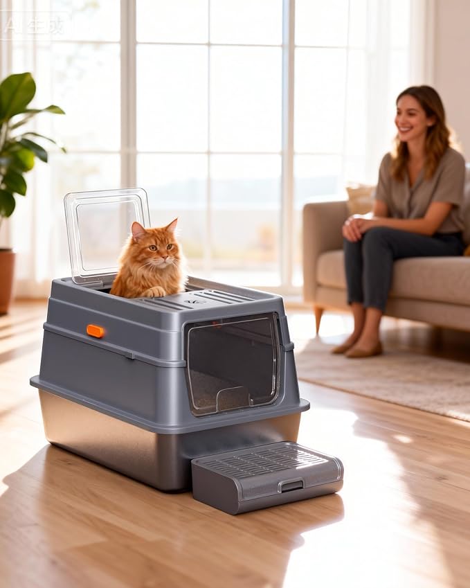Powools Stainless Steel Enclosed Cat Litter Box, Elevated Step Box, Grey | 17.1 x 13.2 x 15.0 in, Metal Cat Litter Box with Lid, Litter Scoop, Activated-Carbon Pack, Non-Sticky, Easy to Clean