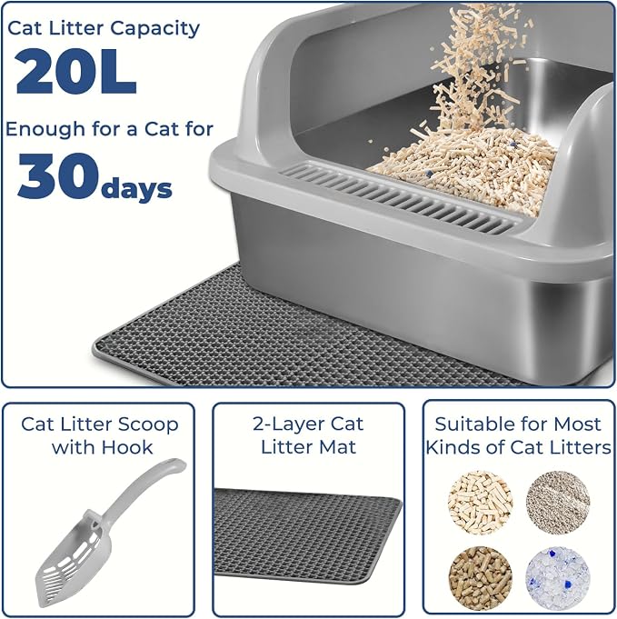 Stainless Steel Cat Litter Box, High Wall Kitty Litter Box for Small Cats, Metal Litter Box with Lid, Non-Sticky, Anti-Leakage, Easy Cleaning, Include Cat Mat and Scoop, 17.2"x13.2"x8.4"