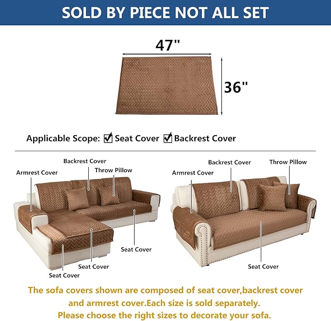 Eismodra Couch Cover,Sectional Couch Covers,Sofa Covers for 3 Cushion Couch,Anti-Slip Sofa Slipcovers for Dogs Cats Kids Loveseat Recliner L Shaped Armrest Backrest,Brown 36''x47''(Only 1 Piece)