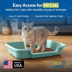 KittyGohere Senior Cat Litter Box Large with Scoop, 2 Pack Green | Open Top Low Entrance Kitty Litter Box With Long-handle Jumbo Scoop, Lightweight Low Entry Litters Box, Durable, Made in USA
