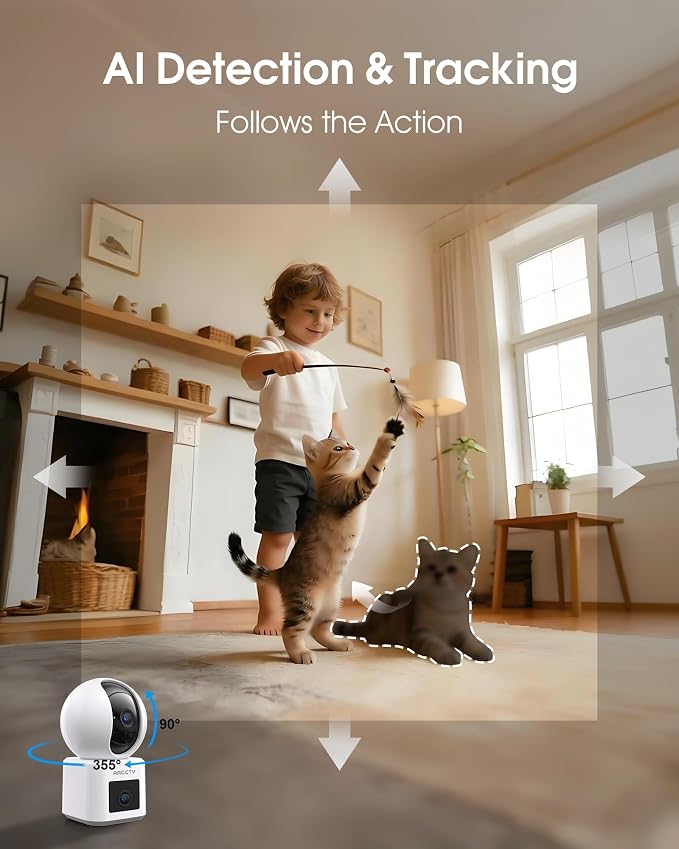 ARCCTV Dual Lens Indoor Security Camera, 2.5K HD Pet Camera via Phone App | 360° Dog Camera for Home Security, 2.4G/5G Dual Band WiFi, Motion Tracking, 24/7 Recording, 2-Way Audio, Baby Monitor