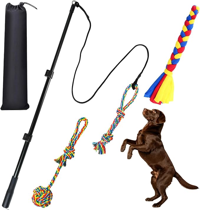 Flirt Pole for Dogs, Heavy Duty Dog Teaser Wand with 3 Replacement Rope | Interactive Tug of War Chase Toy for Small Medium Large Dogs Portable Outdoor Exercise Training Play Equipment