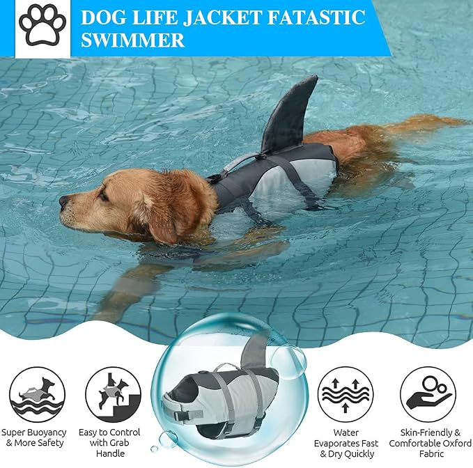Fragralley Shark Dog Life Jacket, Adjustable Dog Life Vest with Shark Fin, Suit for Small Medium Large Dog Life Vest for Swimming and Boating