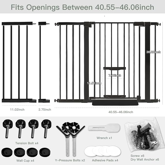 SHYUJAJIE 37 Inch Tall Baby Gate with Small Cat Door | Adjustable 29.55"-46.06 "Wide,Auto Close Dog Gate Easy Walk Thru Pet Gate for Stairs, Doorway, House, Pressure Mounted