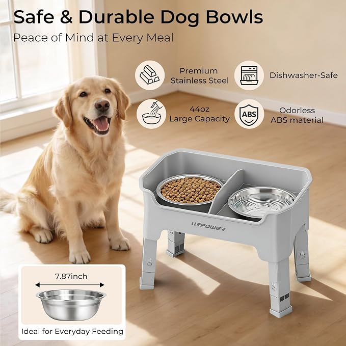 URPOWER Mess Proof Elevated Dog Bowls, Splash Guard Raised Bowl Stand | 4 Height Adjustable Raised Stand with 2 Stainless Steel Food Bowls & Licking Plate for Small, Medium & Large Dogs