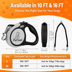 Dual Retractable Dog Leash,10 FT Tangle-Free Leash for 2 Dogs, Detachable for Single Use,One-Button Brake & Lock, Up to 44 lbs Each, 360° Swivel, Non-Slip Handle + Poop Bag Holder (Grey)