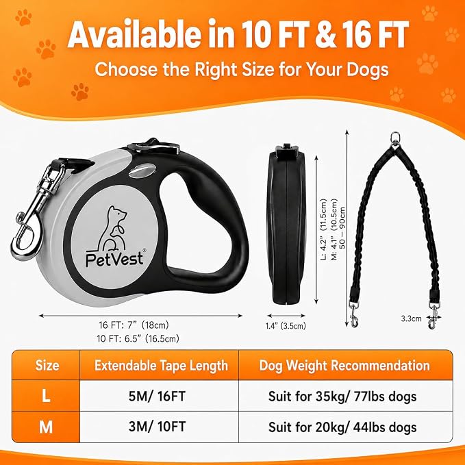 Dual Retractable Dog Leash,10 FT Tangle-Free Leash for 2 Dogs, Detachable for Single Use,One-Button Brake & Lock, Up to 44 lbs Each, 360° Swivel, Non-Slip Handle + Poop Bag Holder (Grey)