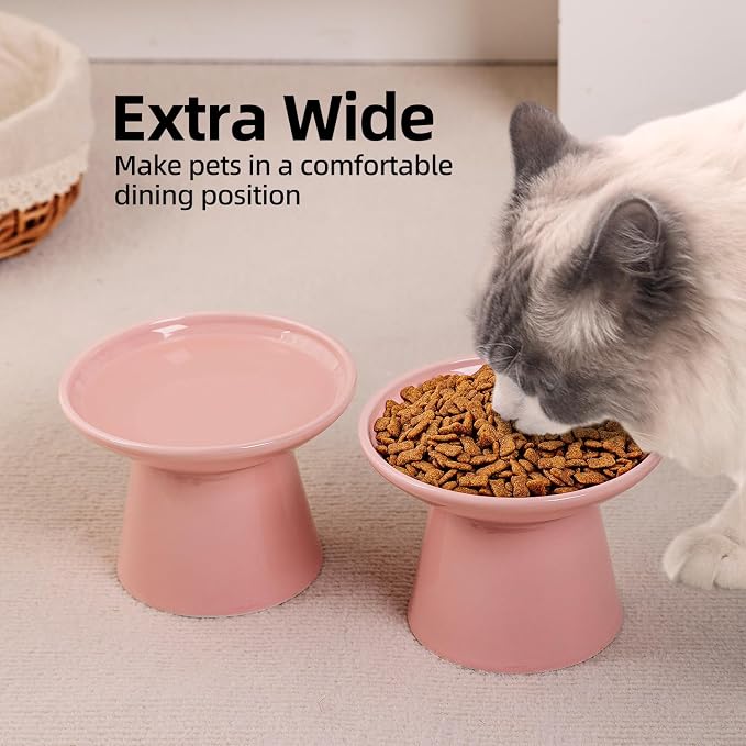 Ceramic Elevated Cat Bowls - 6.2 Inch Extra Wide Raised Cat Food and Water Bowl Set for Indoor Cats, Whisker-Friendly Ceramic Cat Dish for Elder Big Cats & Small Dogs,Pink,4 Pack