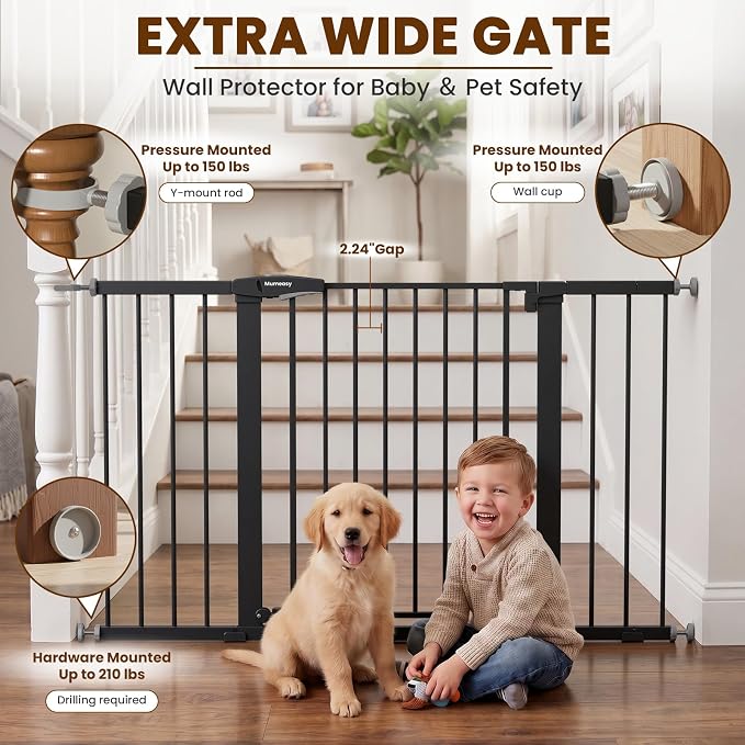 Mumeasy 29.7-51" Extra Wide Baby & Dog Safety Gate for Stairs & Doorways | Pressure/Hardware Mount Child & Pet Gate, Auto Close Easy Access Walk Thru Door for House, Hallway, Indoor & Outdoor, Black