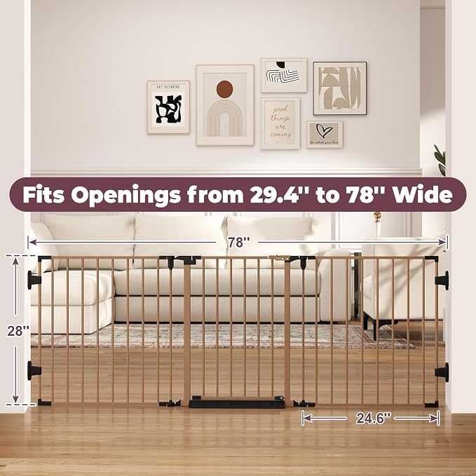 29.4-78" Extra Wide Baby Gate, Long Dog Gates Indoor for Stairs | Essential Large Gate for Child Toddler with Anti-Trip Pedal, Adjustable Pet Gate for Doorways, 28" Tall 3 Metal Panels Brown