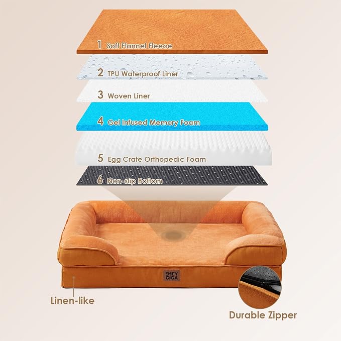 EHEYCIGA Orthopedic Dog Beds Large Sized Dog, Waterproof Washable Pet Bed | Non-Slip Bottom and Egg-Crate Memory Foam XL Dog Couch Bed with Washable Removable Cover, Pumpkin Orange, 41Inch