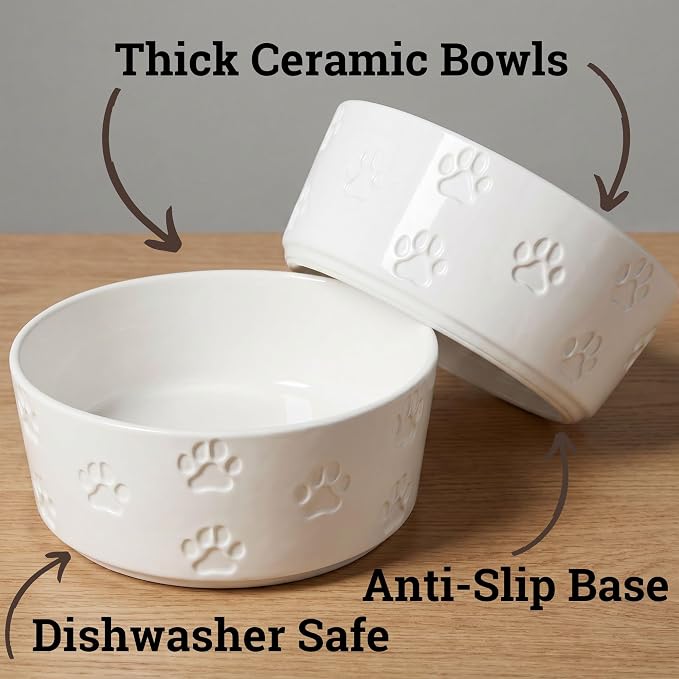 Ceramic Dog Bowl Set of 2 with Anti-Skid Base 7.5" W x 3" H, 6 Cup Capacity | Thick Ceramic, Dishwasher Safe, Anti-Skid Rubber Base, 6 Cups per Bowl, Ceramic Food & Water Bowls Set of 2 for Large Dogs