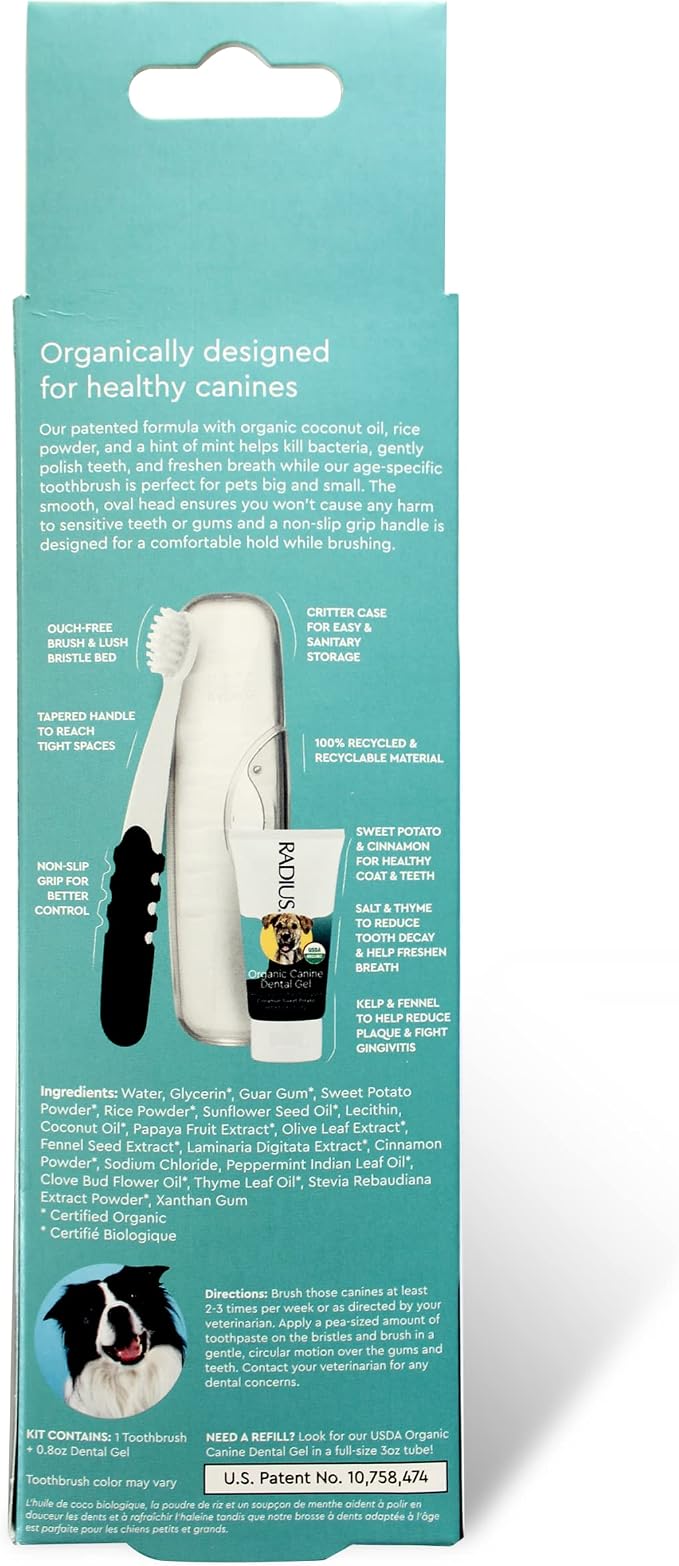 RADIUS USDA Organic Dental Solutions Adult Kit 2 Units, Includes 1 Dog Toothbrush & 1 0.8oz Toothpaste, Firm Bristle & Non Toxic Toothpaste for Dogs, Designed to Clean Teeth, Xylitol Free