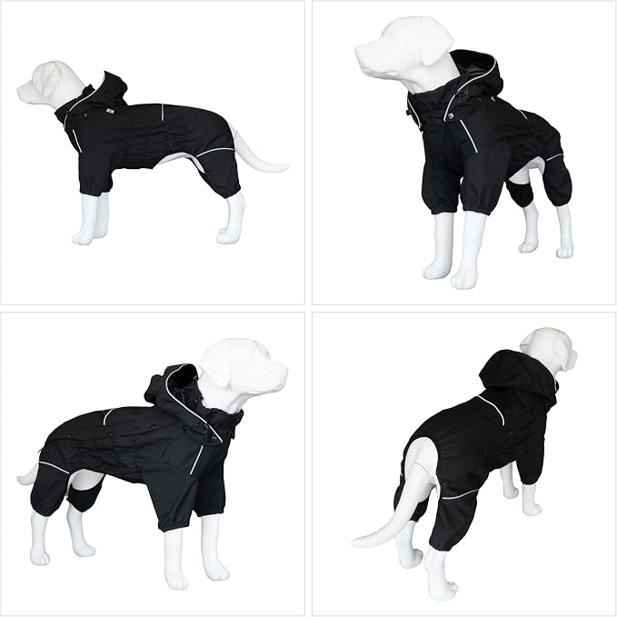 LOVELONGLONG Fleece-Lined Dog Raincoat with Removable Hood – Waterproof Winter Full Body Dog Jacket – Windproof Snowproof Cold-Weather Suit – Black-F XL